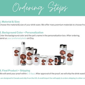 May include: A variety of personalized drinkware options, including a stainless steel water bottle, a travel mug, and a ceramic mug. Each mug features a brown and white dog illustration and the name "Sadie".