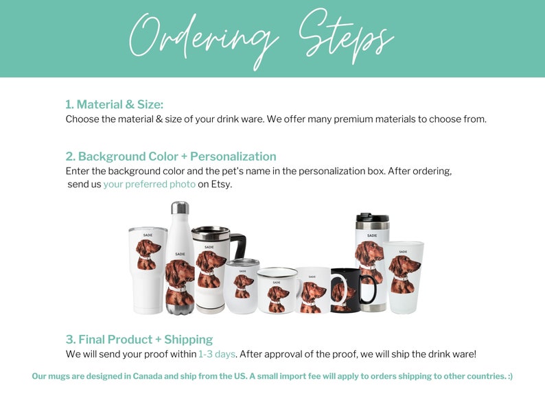 May include: A variety of personalized drinkware options, including a stainless steel water bottle, a travel mug, and a ceramic mug. Each mug features a brown and white dog illustration and the name "Sadie".