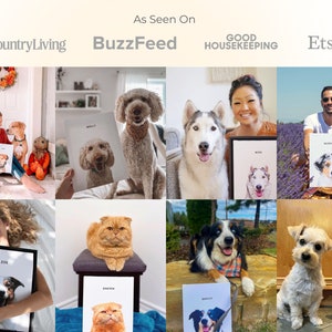 May include: A collage of images featuring custom pet portraits. Each portrait is a watercolor painting of a dog or cat. The portraits are displayed in various settings, including homes, parks, and studios.