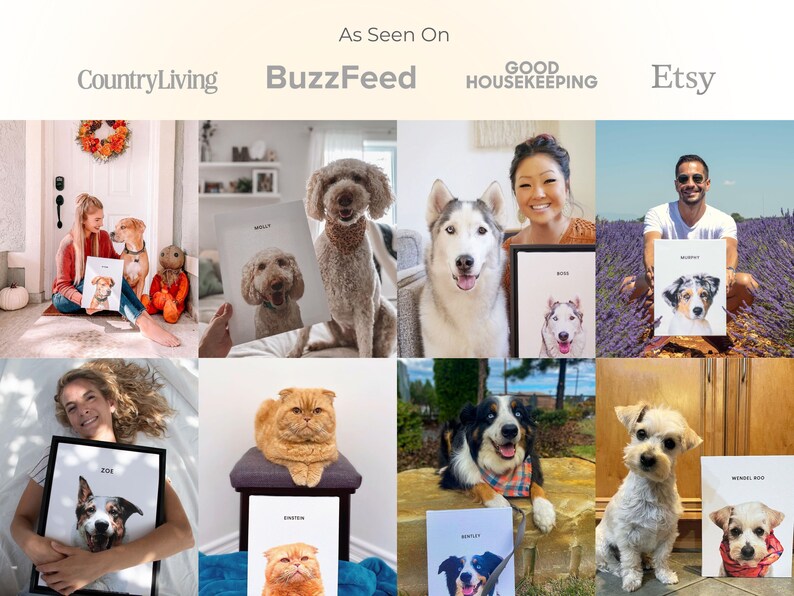 May include: A collage of images featuring custom pet portraits. Each portrait is a watercolor painting of a dog or cat. The portraits are displayed in various settings, including homes, parks, and studios.