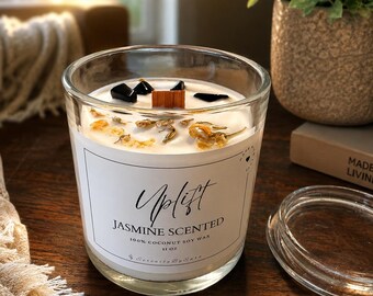 Aromatherapy Candle, 11 oz glass Coconut Soy Candle, Wooden Wick, Stress Relief, Luxury Candle, Crystal Healing