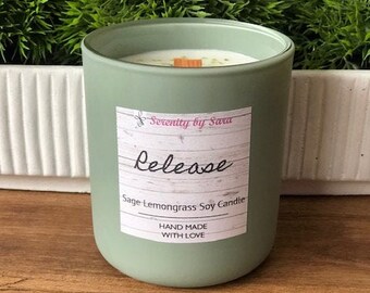 Sage Lemongrass Aromatherapy Candle, 11 oz glass Coconut Soy Candle, Wooden Wick, Stress Relief, Luxury Candle, Crystal Healing