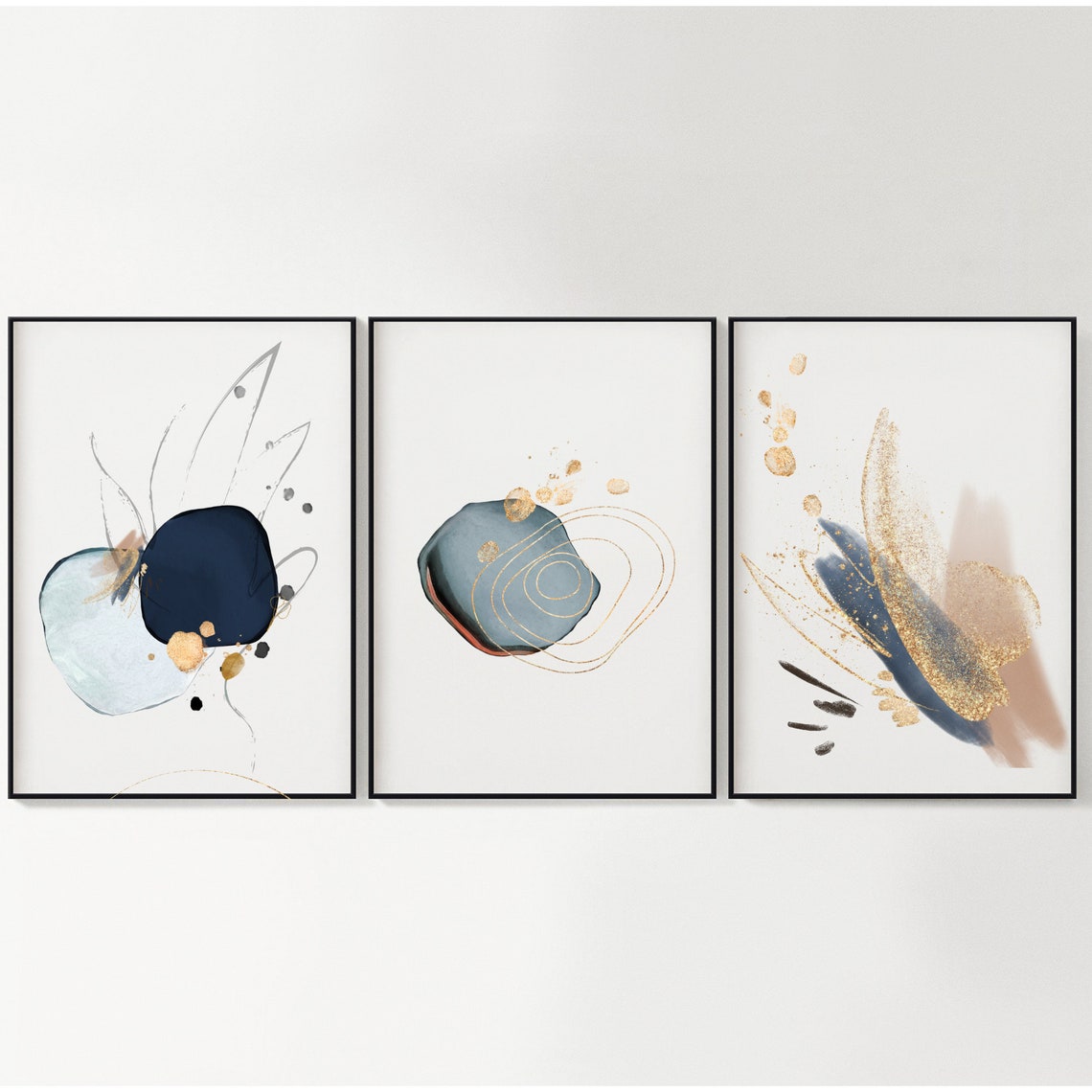 Set of 3 Modern Abstract Wall Prints Gold and Navy Wall Art | Etsy