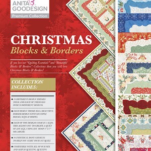 May include: A red background with snowflakes and a white banner that reads "Christmas Blocks & Borders". The banner is surrounded by a variety of colorful quilt blocks and borders. The text "Collection Includes" is listed with bullet points describing the features of the quilt blocks and borders.
