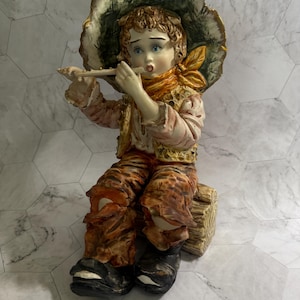 Vintage Capodimonte Porcelain Sculpture/Figurine Boy Flute Sitting on Log Italy