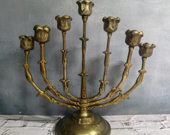 Vintage Brass Menorah 7 Branch Candle Holder Adjustable Swivels READ