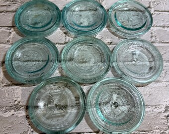 8 Vintage Glass Aqua Blue Wire-Bail Inserts for Canning Lids