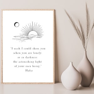 Hafiz "Vorrei poterti mostrare..." Opera d'arte con citazione spirituale, arredamento della camera Boho, arte murale stampabile, disegno artistico, sole, luna