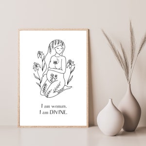 Boska kobiecość do druku na ścianie, duchowy cytat bogini, kobieta w ciąży, botaniczna sztuka liniowa, boho, święty ołtarz