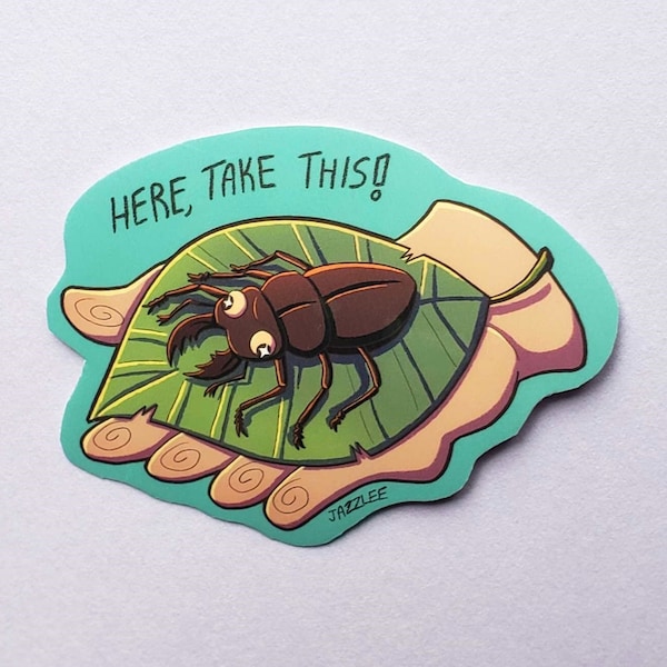 Stag Beetle Leaf Sticker | Kitschy Goblincore Stationery | Funny Entomology Insect Art