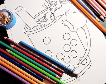 Boba Tea Mouse Coloring Sheet | Kids Rat Activity | Adult Coloring Page | Animal Party Favor | Printable Digital PDF PNG Download