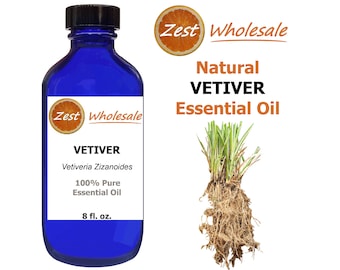 May include: A blue glass bottle with a black cap, labeled "Zest Wholesale" and "VETIVER Vetiveria Zizanoides 100% Pure Essential Oil 8 fl. oz.". The bottle is next to a graphic of a plant with roots and the text "Zest Wholesale Natural VETIVER Essential Oil".