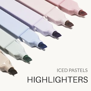 May include: A set of six square-barreled highlighters in various pastel shades including pink, lavender, light blue, mint green, and beige, arranged diagonally. The text ICED PASTELS HIGHLIGHTERS is printed in the lower right corner of the image.