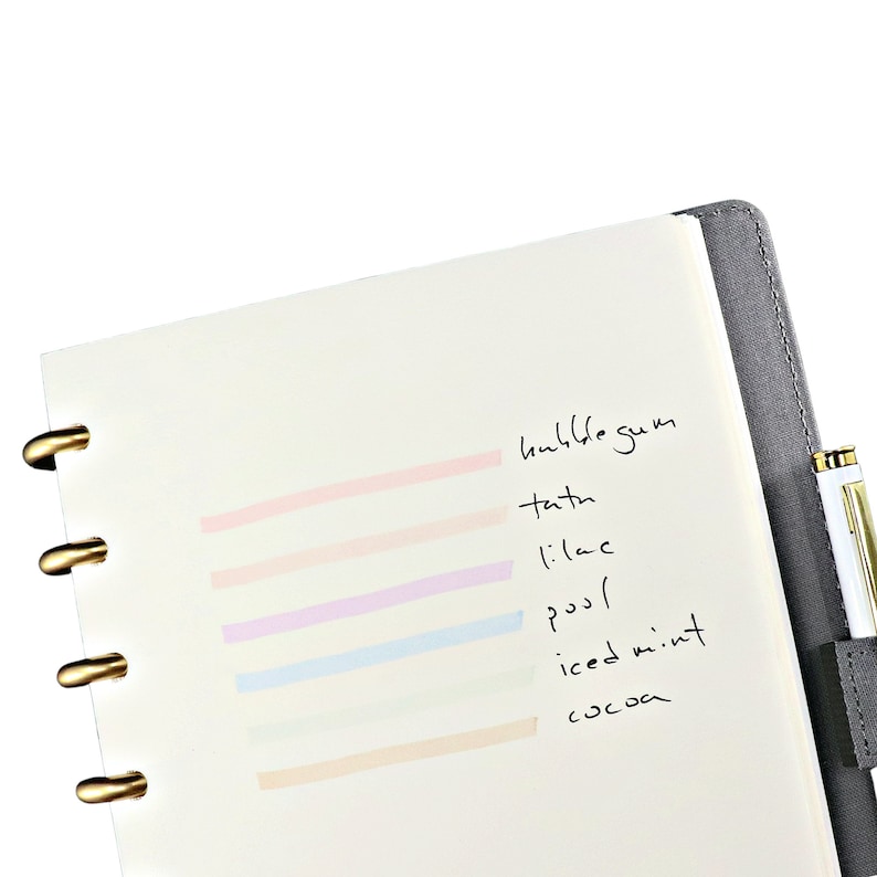 May include: A disc-bound notebook with a dark gray cover and gold-toned discs, featuring a white page with six horizontal highlighter swatches in pink, peach, lilac, blue, mint, and tan, labeled with handwritten text including bubblegum and cocoa.