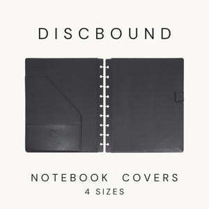 May include: A black discbound notebook cover set featuring a textured finish. The left cover includes an angled interior pocket with a small circular logo, while the right cover has a pen loop. The text DISCBOUND NOTEBOOK COVERS 4 SIZES is visible.
