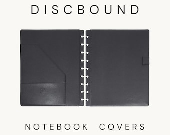 May include: A black discbound notebook cover set featuring a textured finish. The left cover includes an angled interior pocket with a small circular logo, while the right cover has a pen loop. The text DISCBOUND NOTEBOOK COVERS 4 SIZES is visible.