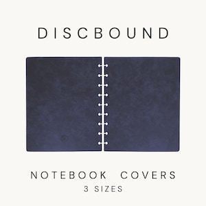 May include: A pair of dark navy blue discbound notebook covers with a textured surface. The covers feature a series of circular cutouts along the inner edges for binding. The text DISCBOUND, NOTEBOOK COVERS, and 3 SIZES is printed in black.