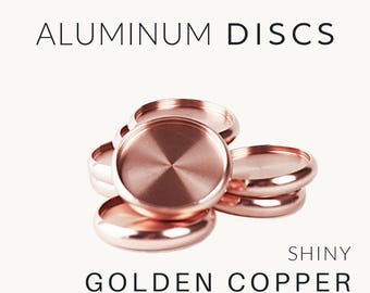 May include: A stack of shiny golden copper-colored aluminum discs with raised edges. The text on the image reads ALUMINUM DISCS SHINY GOLDEN COPPER with storage palette. These circular metal components feature a smooth, reflective surface finish.