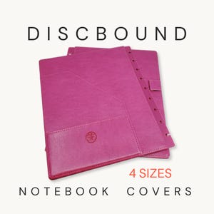May include: A magenta discbound notebook cover featuring a textured surface, a front pocket, and a small circular logo. The text DISCBOUND 4 SIZES NOTEBOOK COVERS is visible. The cover has a series of circular cutouts along the spine edge.