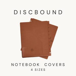 May include: Two tan discbound notebook covers with a smooth texture. The front cover features a diagonal pocket and a small rectangular pocket with a circular logo embossed on it. The text DISCBOUND NOTEBOOK COVERS 4 SIZES is displayed.