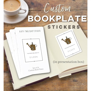 Custom Book Plate Stickers in Magnetic Closure Presentation/Storage Box- Vintage Brown Watering Can