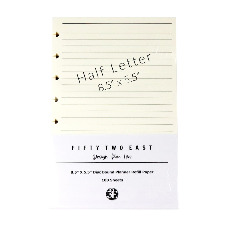 May include: A pack of 100 sheets of cream-colored, disc-bound planner refill paper measuring 8.5 inches by 5.5 inches. The paper features horizontal lines and a left-hand margin with disc-binding slots. The packaging is labeled Fifty Two East.