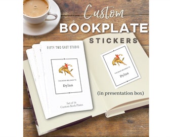 Custom Book Plate Stickers in Magnetic Closure Presentation/Storage Box- Personalized Labels - Cowboy/Bucking Bronco