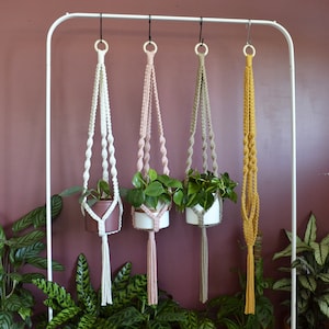 Peut inclure: Quatre suspensions macramées pour plantes avec des cordons blancs, roses et jaunes suspendus à un rack en métal blanc. Chaque suspension a une petite plante en pot.