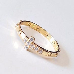 Rosenkransring, kubisk zirkonrosenkransring, katolsk guldpläterad ring, ett decenniums rosenkranskorsring, zirkon- och korsring, katolsk ring