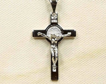 St. Benedikt 4,5 cm Höhe Kruzifixanhänger, St. Benedikt Silber 925 Kreuzanhänger, St. Benedikt Halskette, Schutzzauber, christliches Kreuz