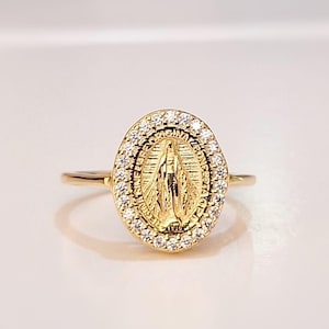 Förgylld ring för Our Lady of Miraculous, Mirakulös medaljring, Katolsk kvinnoring, Zirkonring, Our Lady of Grace-ring, Moder Maria-ring
