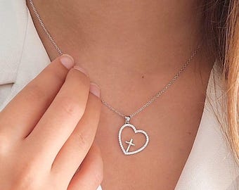 Heart  cross necklace,Silver faith necklace, Christian jewelry for women, Catholic cross pendant, Religious gift