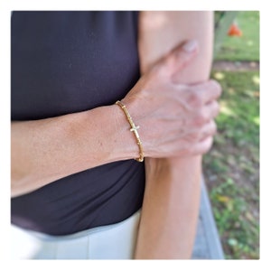Magnetic bangle cross bracelet, Solid round bracelet, 18 k gold plated cross bracelet, Catholic bracelet for women with magnetic closure