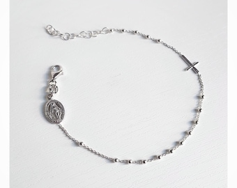 Rosary cross bracelet, Our Lady of Miraculous medal rosary bracelet, One decade 2 mm beads bracelet, Cross bracelet, Catholic bracelet