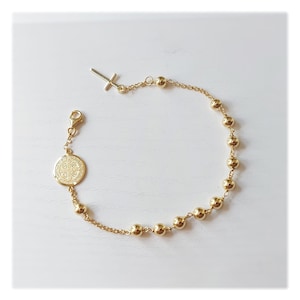 Gold plated  beaded bracelet with St Benedict Medal, Women&#39;s  elegant one decade bracelet, Catholic diamond cut perfect details bracelet