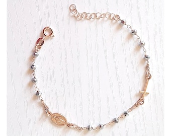 Gray crystal beads rosary bracelet, One decade  rosary  bracelet, Beaded rosary bracelet, Catholic rosary bracelet for women,Rose gold chain