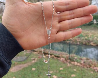 Miraculous medal rosary necklace,  Silver 925 rosary necklace, Silver beads rosary necklace, Dainty catholic rosary necklace