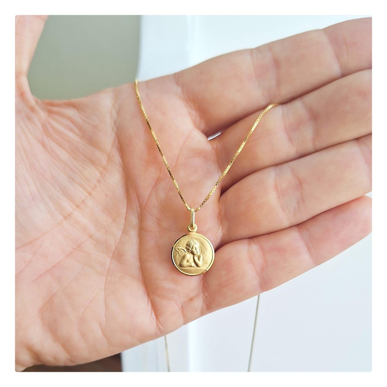 Angel 15 mm necklace, Angel gold plated medal, Angel gold plated necklace, Angel round pendant necklace, Sweet angel medal