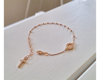 Roségold Rosenkranz Armband, Roségold Rosenkranz Armband, Wunderbare Medaille mit Zirkonen besetzt