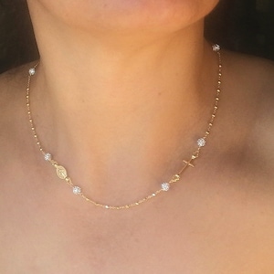 Gold plated rosary necklace, Catholic beaded necklace, Swarovski crystal necklace, Women&#39;s elegant necklace, Shiny beads rosary necklace
