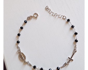 Black crystal beads  rosary bracelet, Bracelet with cross and miraculous medal, Silver 925 cross bracelet, Miraculous medal rosary bracelet