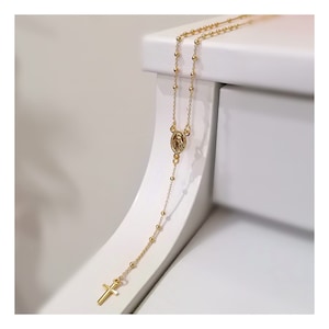 Virgin Mary necklace, Rosary gold plated beaded necklace with Miraculous medal and cross, Rosary necklace gold