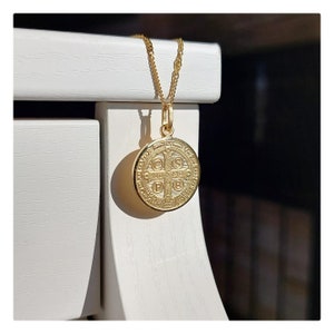 St Benedict medal, St Benedict necklace, Gold coin necklace, 18 k gold plated medal, Catholic gifts, San Benito collar