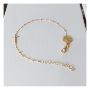 18 k gold plated Saint Benedict bracelet with one decade beads and Cross, Cross bracelet, Gold plated rosary bracelet for women