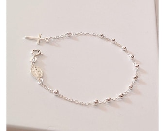 Silber 3 mm Rosenkranz Armband, Jungfrau Maria Medaille, Perlenarmband, Dame der Gnade Medaille, Silber Rosenkranz Perlen, 3 mm Silberperlen