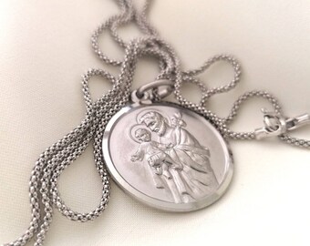 Saint Joseph 15 mm silver necklace, St Joseph with baby Jesus medal, Patron Saint of fathers and families, Patron saint of workers