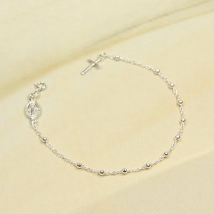 Silver 2 mm rosary bracelet, Mother Mary bracelet,Virgin Mary medal, Lady of Grace bracelet, Beaded bracelet, Silver one decade beads rosary