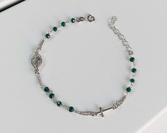 Green crystal beads rosary  bracelet, Virgin Mary medal  rosary  bracelet, Beaded girls rosary bracelet,  One decade rosary bracelet