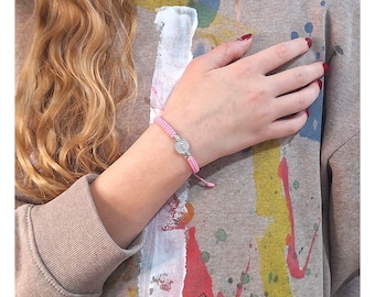 St Benedict kids cotton cord unisex bracelet, Hand made adjustable bracelet, Double sided St Benedict silver medal, Sterling silver medal