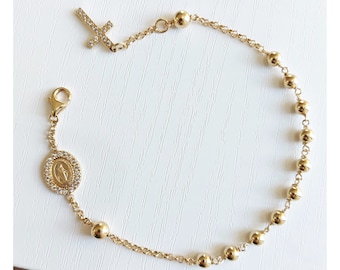 Miraculous  medal with zircons rosary bracelet, Women's  elegant one decade bracelet, Diamond cut perfect details bracelet, Elegant bracelet